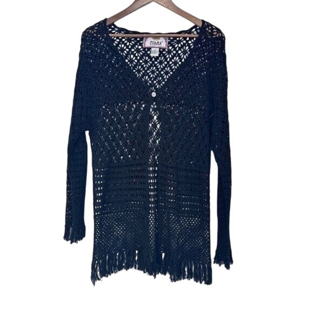 Tiara Crochet Open Knit Beachy Witchy Cardigan Feminie Fringe Boho‎ Size Medium